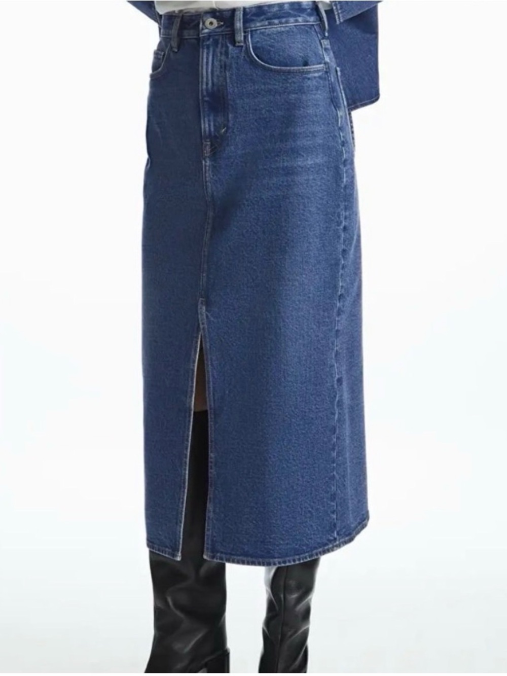 COS | Midi Denim Jean skirt front slit Women’s size 6 wardrobe staple stretch